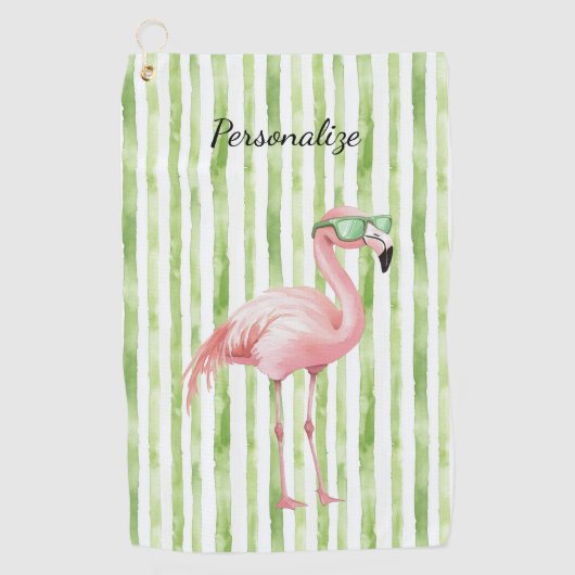 Groene Witte Strepen Roze Flamingo Strand Verjaard Golfhanddoek (Voorkant)