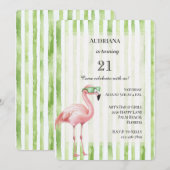 Groene witte strepen roze flamingo verjaardag kaart (Voorkant / Achterkant)