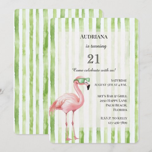 Groene witte strepen roze flamingo verjaardag kaart (Voorkant / Achterkant)