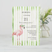 Groene witte strepen roze flamingo verjaardag kaart (Staand voorkant)