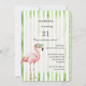 Groene witte strepen roze flamingo verjaardag kaart (Voorkant)