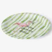 Groene witte strepen roze flamingo verjaardag papieren bordje (Gekanteld)