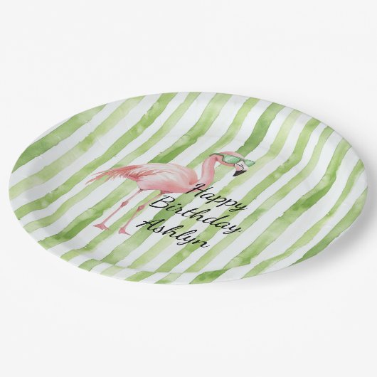Groene witte strepen roze flamingo verjaardag papieren bordje (Gekanteld)