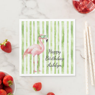 Groene witte strepen roze flamingo verjaardag servet