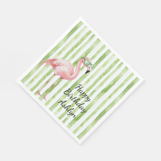 Groene witte strepen roze flamingo verjaardag servet (Hoek)