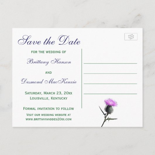 Groene, witte Tartan Thistle Save the Date Briefka Aankondigingskaart (Achterkant)