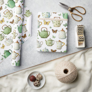 Groene Witte Theepotten Vlinders Bruidsuitnodiging Cadeaupapier