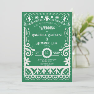 Groene & Witte Trouwuitnodiging met Papel Picado Kaart
