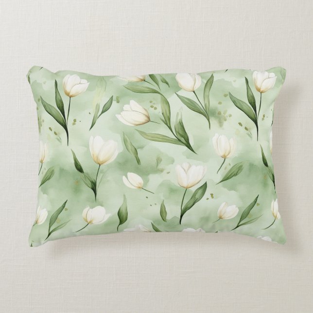 Groene Witte Tulp Bloemen Accent Kussen (Voorkant)