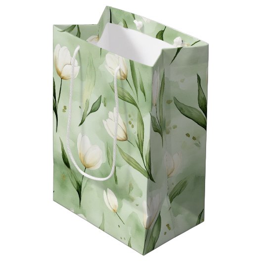 Groene Witte Tulp Bloemen Bruiloft Feest Medium Cadeauzakje (Voorkant Gekanteld)