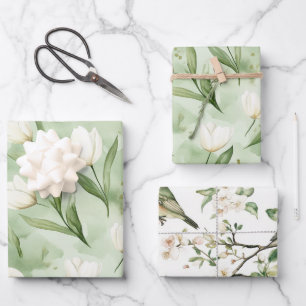 Groene Witte Tulp Bloemen Bruiloftsdouche Inpakpapier Vel