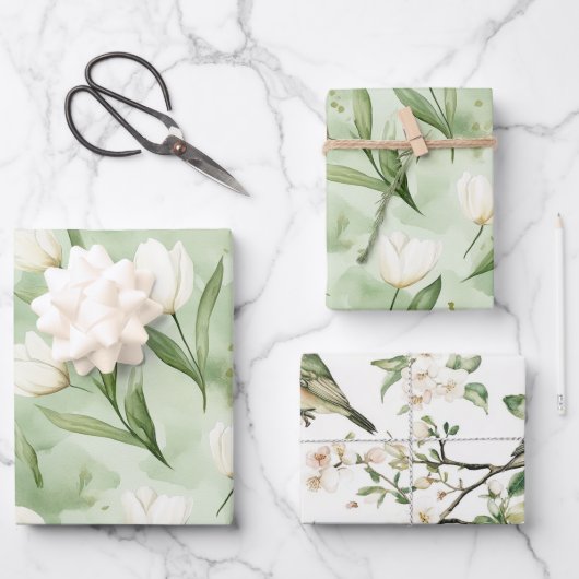 Groene Witte Tulp Bloemen Bruiloftsdouche Inpakpapier Vel (Voorkant)
