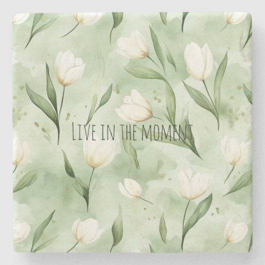 Groene Witte Tulp Bloemen Stenen Onderzetter (Voorkant)