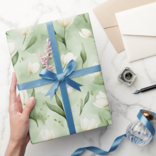 Groene Witte Tulp Bloemen Verjaardag Cadeaupapier