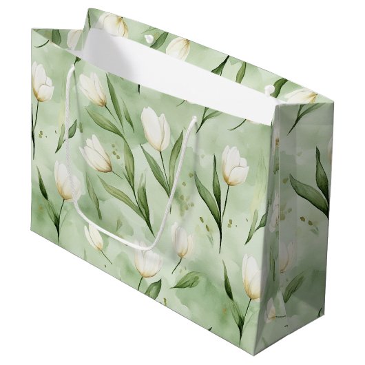 Groene Witte Tulp Bloemen Verjaardag Groot Cadeauzakje (Voorkant Gekanteld)