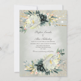 Groene witte Waterverf Floral Glitter Wedding Kaart