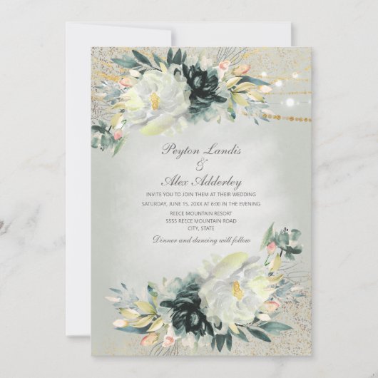 Groene witte Waterverf Floral Glitter Wedding Kaart (Voorkant)