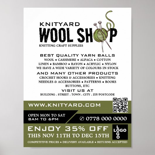 Groene Wol Winkel, Knitting Store, Garn Store Poster (Voorkant)