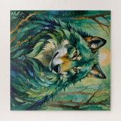 Groene wolf in het bos puzzel legpuzzel (Horizontaal)