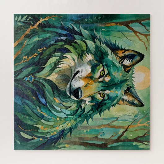 Groene wolf in het bos puzzel legpuzzel (Horizontaal)