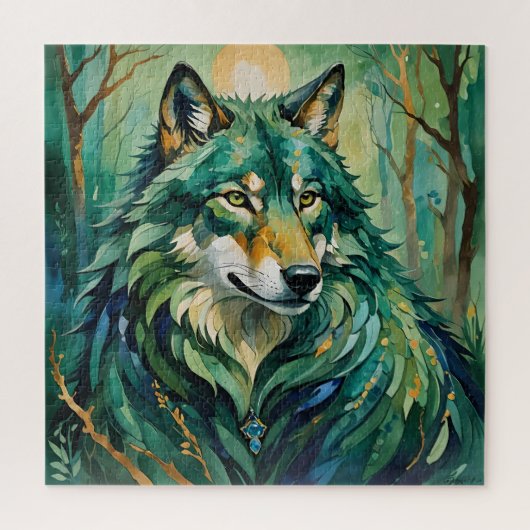 Groene wolf in het bos puzzel legpuzzel (Verticaal)