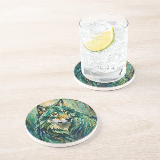 Groene wolf in het Forest Sandstone Onderzetter (Zijkant)