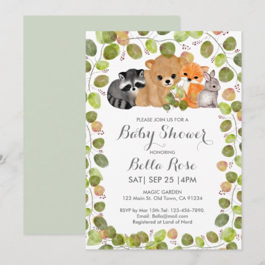 Groene Woodland Animal Baby Shower Invitations Kaart (Voorkant / Achterkant)