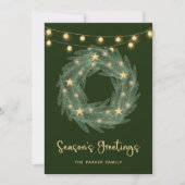 Groene Wreate met Gold String Lights op groen Feestdagenkaart (Voorkant)