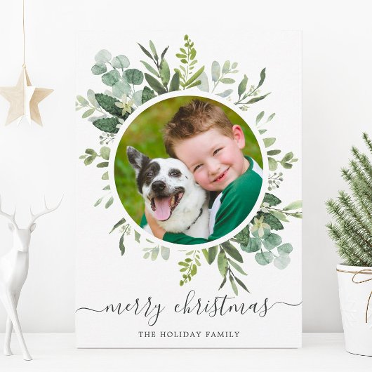 Groene Wreater Custom Text Holiday Photo Card Feestdagenkaart