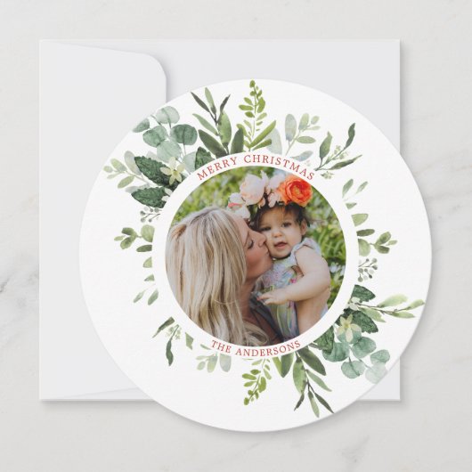Groene Wreater Custom Text Photo Circle Feestdagenkaart (Voorkant)