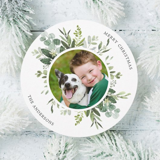 Groene Wreater Custom Text Photo Circle Feestdagenkaart