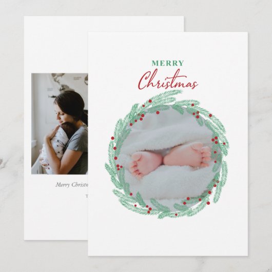Groene Wreath Minimalist Photo Holiday Kaart (Voorkant / Achterkant)