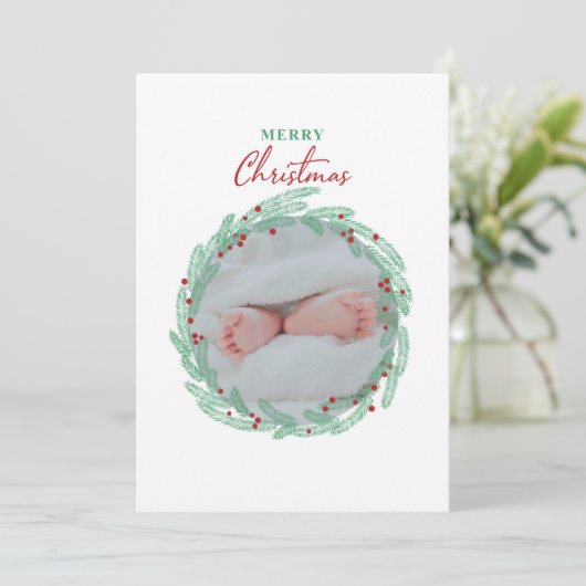 Groene Wreath Minimalist Photo Holiday Kaart (Staand voorkant)