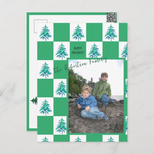Groene Xmas Tree Checkerboard vakantiefoto Briefkaart (Voorkant / Achterkant)