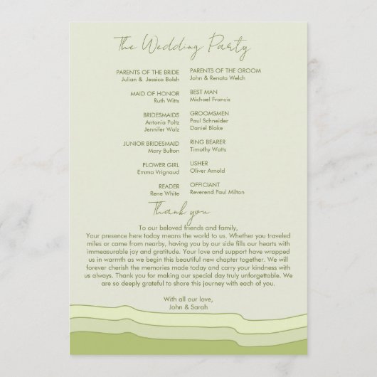 Groene zachte pastel huwelijksprogramma bewerkbare programmakaart (Achterkant)
