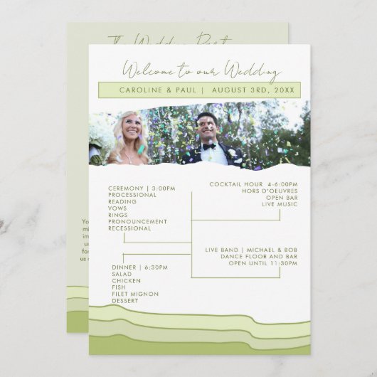 Groene zachte pastel huwelijksprogramma bewerkbare programmakaart (Voorkant / Achterkant)