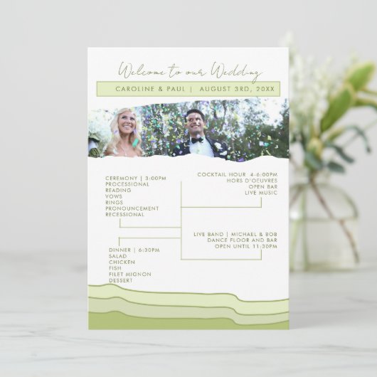 Groene zachte pastel huwelijksprogramma bewerkbare programmakaart (Staand voorkant)