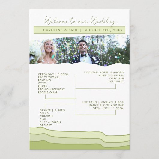 Groene zachte pastel huwelijksprogramma bewerkbare programmakaart (Voorkant)