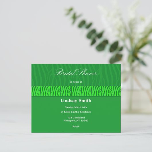 Groene Zebra Pattern Bridal Shower Invitation Kaart (Staand voorkant)