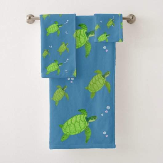 Groene Zee Schildpadden op Turquoise Blue Bad Handdoek (Insitu)