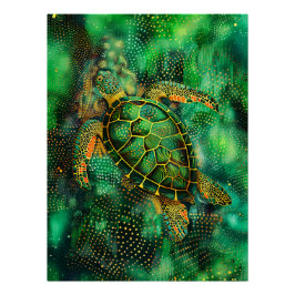 Groene Zeeen Schildpad in Aborigine Dot Art Style Perfect Poster