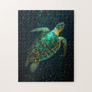 Groene Zeeen schildpad op een donkere achtergrond Legpuzzel