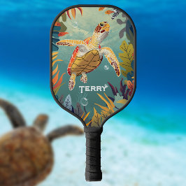 Groene Zeeen schildpad zwemt in de Stille Oceaan Pickleball Paddle