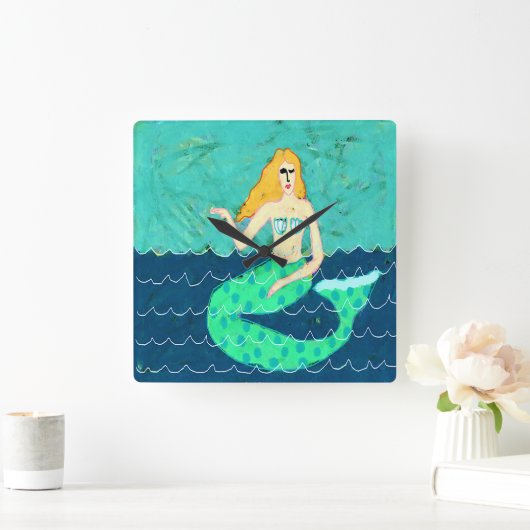 Groene zeemeermin Abstracte kunst Vierkante Klok (Huis)