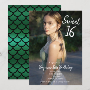 Groene Zeemeermin Moderne Foto Sweet 16 Feestje Kaart