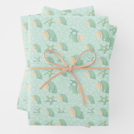 Groene zeeschelpen en bubbels inpakpapier vel