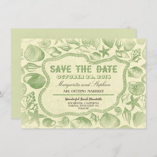 groene zeeschelpen strand bruiloft save the date kaart (Voorkant / Achterkant)