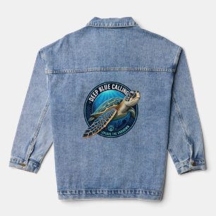Groene zeeschildpad in een rond oceaanembleem. denim jacket