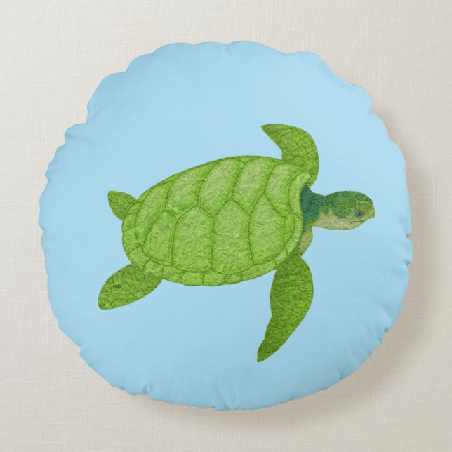 Groene zeeschildpad op turquoise achtergrond rond kussen (Voorkant)