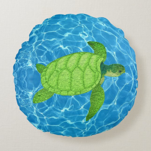 Groene zeeschildpad op turquoise water achtergrond rond kussen (Voorkant)
